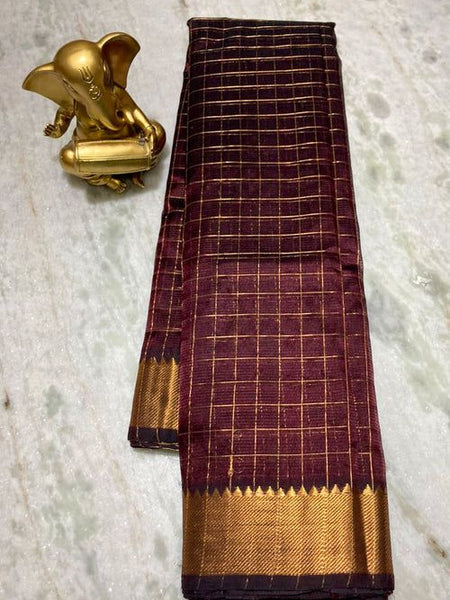 Cotton Silk Handloom Bhgalpuri Check Saree with Gold Zari Border for Women (100150 Chocolate_Brown)