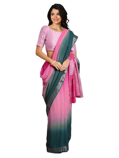 Hot Pink & Midnight Green women's Bhagalpuri Handloom Linen Cotton Blend Two Dye Saree With Running Unstitched Blouse Piece - View 3