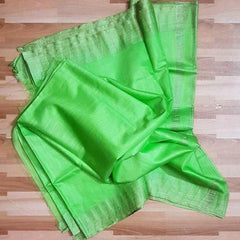 Semi Tussar Silk Handloom Temple Border Bhagalpuri Saree (100188 Lawn_Green-Natural)