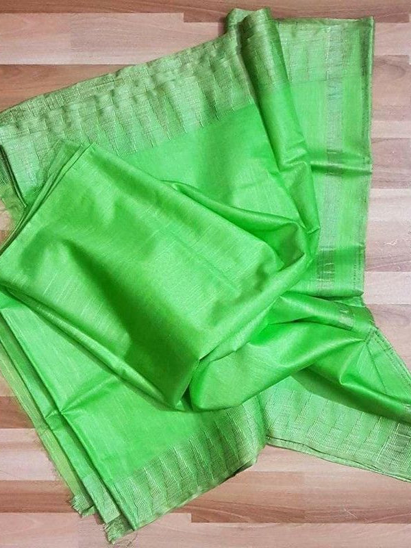 Semi Tussar Silk Handloom Temple Border Bhagalpuri Saree (100188 Lawn_Green-Natural)