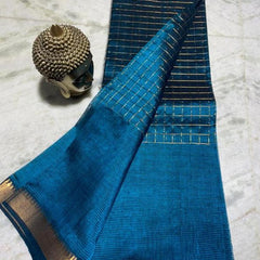 Bhagalpuri Handloom Cotton Silk Check Half Body Saree for women's (Reinit_Blue)