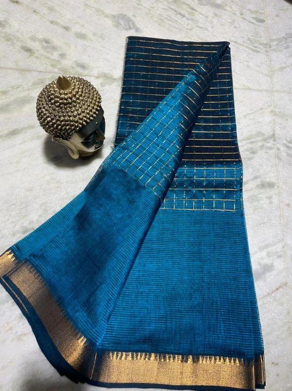 Bhagalpuri Handloom Cotton Silk Check Half Body Saree for women's (Reinit_Blue)