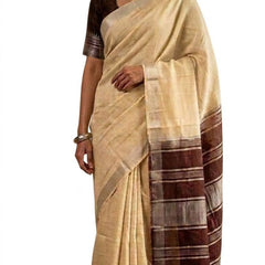 Elegant Linen Cotton Blend Saree for WDS | Cream Saree with Contrast Woven Pallu & Silver Zari Border | Traditional Ethnic Wear - View 2
