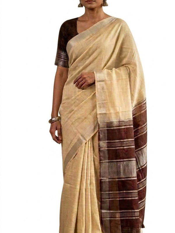 Elegant Linen Cotton Blend Saree for WDS | Cream Saree with Contrast Woven Pallu & Silver Zari Border | Traditional Ethnic Wear - View 2