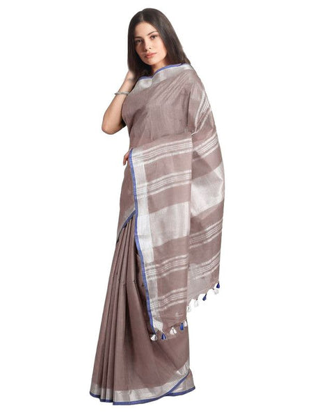 Liver Brown women's Bhagalpuri Handloom Linen-Slub Saree With Contrast Blouse Piece - View 2