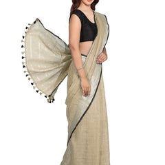 Khaki Green women's Bhagalpuri Blend Linen Saree With Black Pipine Contrast Blouse Piece