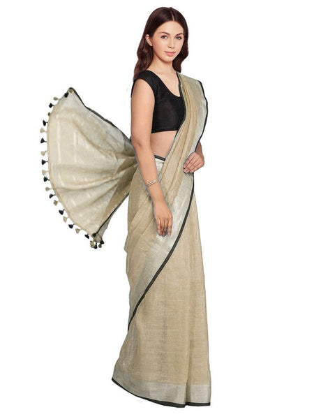 Khaki Green women's Bhagalpuri Blend Linen Saree With Black Pipine Contrast Blouse Piece