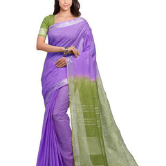 Amethyst Purple & Moss Green women's Bhagalpuri Handloom Linen Slub Blend Two Dye Saree With Running Unstitched Blouse Piece - View 2