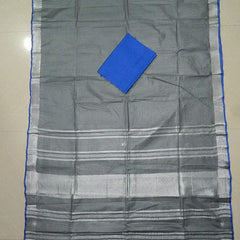 Grey-Blue women's Handloom Bhagalpuri Linen Cotton Blend Saree Ethnic Wear With Contrast Unstitched Blouse Piece - View 4