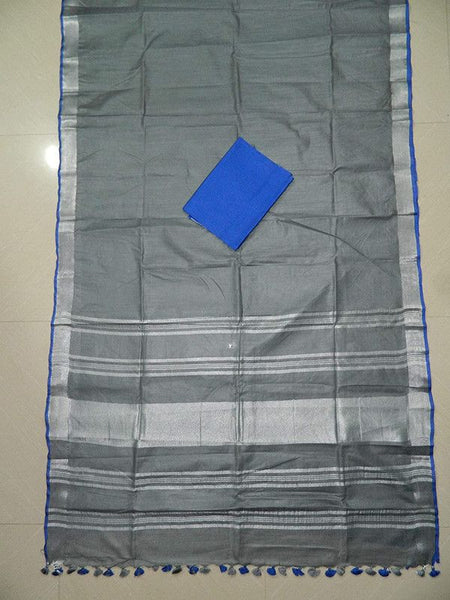 Grey-Blue women's Handloom Bhagalpuri Linen Cotton Blend Saree Ethnic Wear With Contrast Unstitched Blouse Piece - View 4