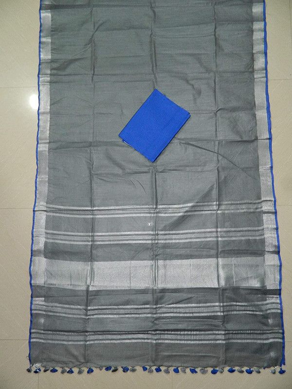 Grey-Blue women's Handloom Bhagalpuri Linen Cotton Blend Saree Ethnic Wear With Contrast Unstitched Blouse Piece - View 4
