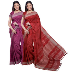 Raspberry Pink & Red women's Bhagalpuri Handloom Cotton-Linen Blend Saree Combo (Pack Of 2) With Running Unstiched Blouse Piece