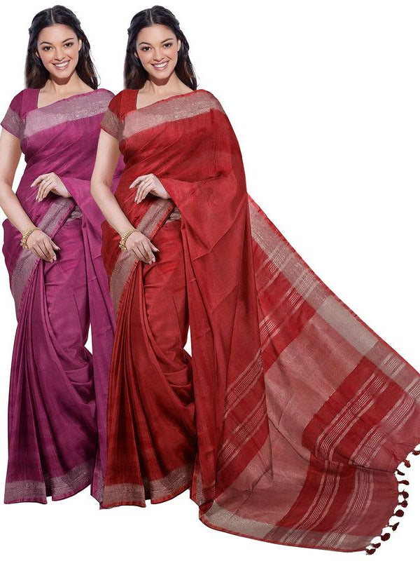 Raspberry Pink & Red women's Bhagalpuri Handloom Cotton-Linen Blend Saree Combo (Pack Of 2) With Running Unstiched Blouse Piece