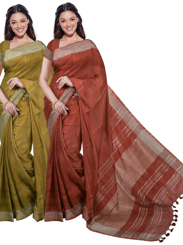 Olive Green & Sienna Orange women's Bhagalpuri Handloom Cotton-Linen Blend Saree Combo (Pack Of 2) With Running Unstiched Blouse Piece