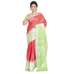 Red & Light Green women's Bhagalpuri Handloom Cotton Linen Slub Blend Tie Two Dye (Sibory Two Dye) Saree With Running Unstitched Blouse Piece