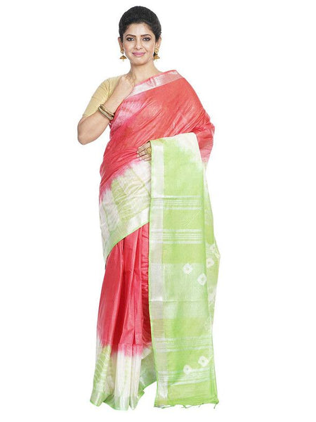 Red & Light Green women's Bhagalpuri Handloom Cotton Linen Slub Blend Tie Two Dye (Sibory Two Dye) Saree With Running Unstitched Blouse Piece