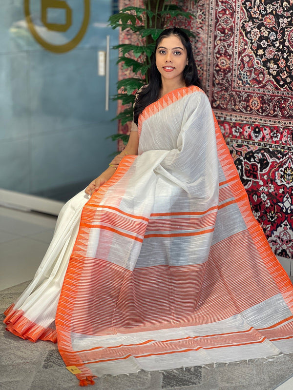 Orange women's Bhagalpuri Kota Viscous Temple Border White Saree And Variable Color Border With Blouse Piece - View 2