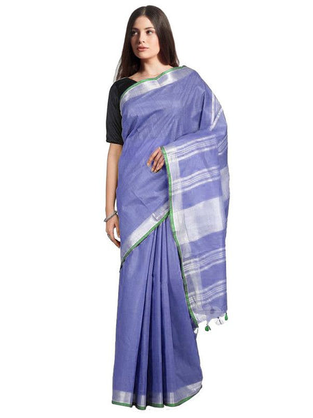 Medium Slate Purple women's Handloom Bhagalpuri Linen-Cotton Saree With Contrast Blouse Piece