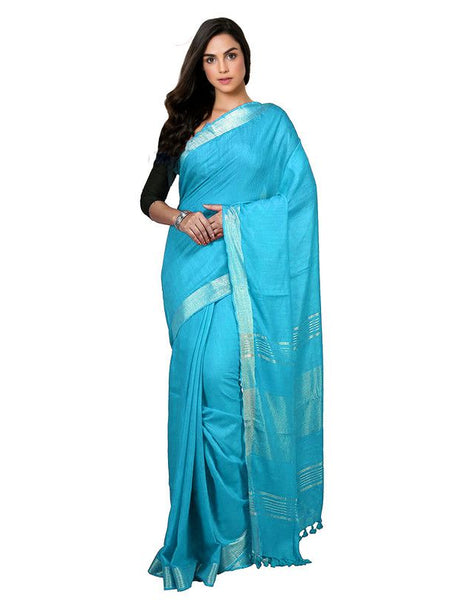 Cyan Bhagalpuri women's Handloom Linen Cotton Ethnic Wear Saree With Running Unstitched Blouse Piece - View 2