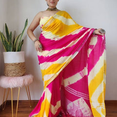 Bhagalpuri Linen Sibory (Bandhani) Multi Dye Saree (Yellow-White-Pink)