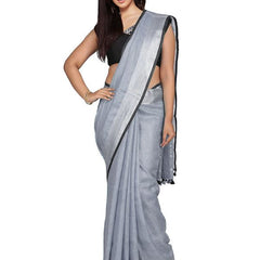 Grey  Bhagalpuri Blend Linen Saree With Black Pipine Contrast Blouse Piece