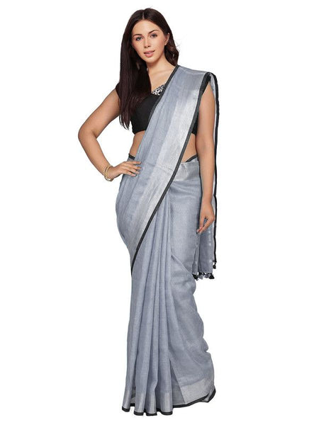 Grey  Bhagalpuri Blend Linen Saree With Black Pipine Contrast Blouse Piece