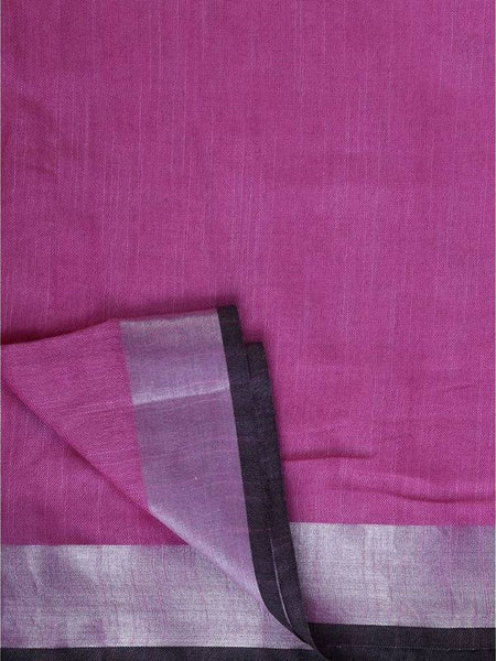 Linen Cotton Blend Contrast Handloom Bhagalpuri Saree (Persian_Pink-Black) - View 4