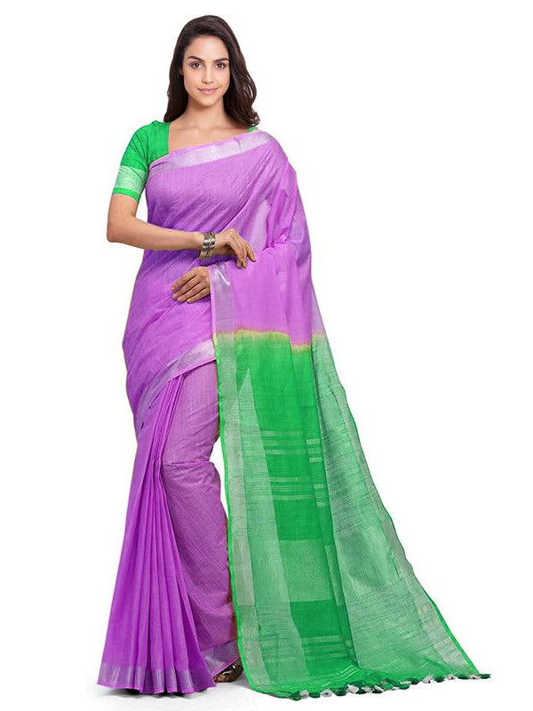 Fuchsia Pink & Honerdew Green women's Handloom Bhagalpuri Linen Blend Two Dye Saree With Running Unstitched Blouse Piece