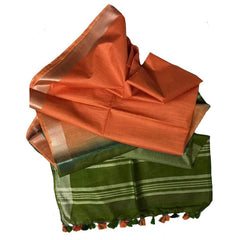 Avocado Green & Coral Orange women's Ethnic Wear Bhagalpuri Handloom Cotton Linen Blend Two Dye Saree With Running Unstitched Blouse Piece