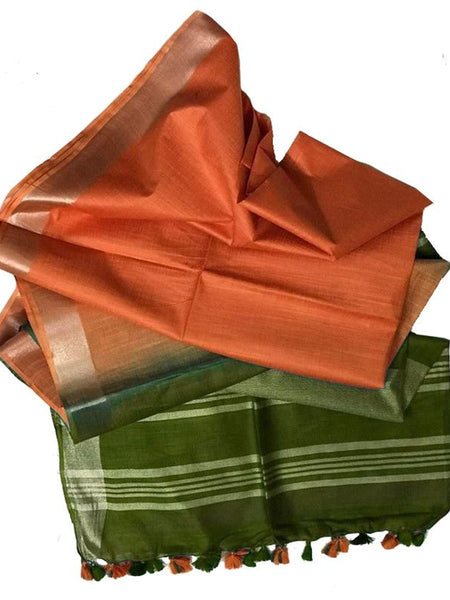 Avocado Green & Coral Orange women's Ethnic Wear Bhagalpuri Handloom Cotton Linen Blend Two Dye Saree With Running Unstitched Blouse Piece
