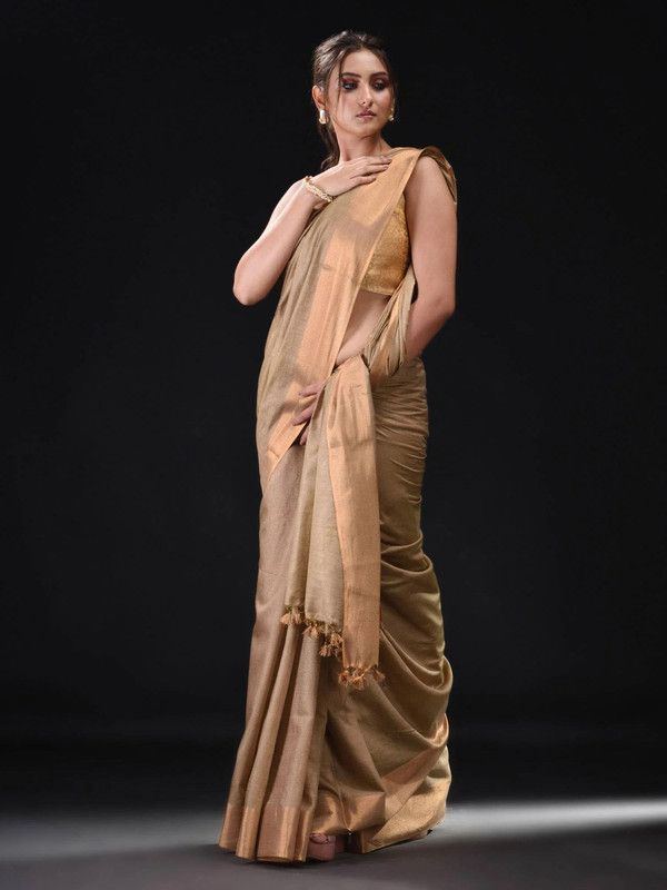 Brown Bhaglpuri Munga Blend Handloom Tussar Saree with Blouse Piece - View 2