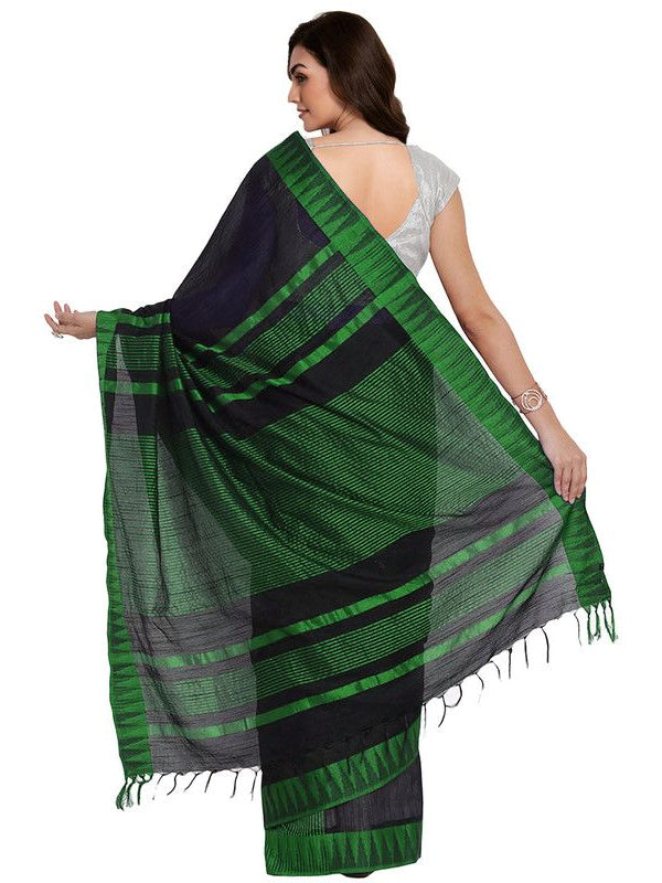 Black-Green women's Bhagalpuri Handloom Katan Viscous Silk Temple Border Saree Ethnic Wear With Running Unstitched Striped Blouse Piece - View 4