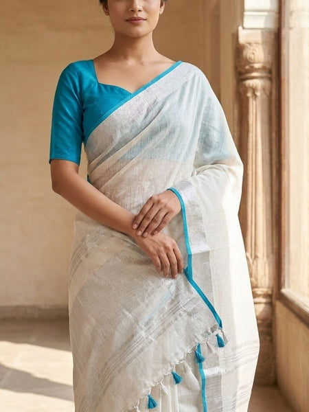 Bhagalpuri Handloom Linen Cotton Blend Saree WIth Cotrast Blouse Piece - View 4