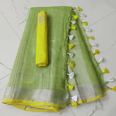 Handloom Bhagalpuri Linen Cotton Blend Contrast Border Saree for Women (12630 Green-Yellow)