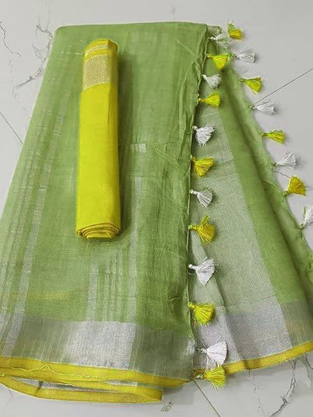 Handloom Bhagalpuri Linen Cotton Blend Contrast Border Saree for Women (12630 Green-Yellow)