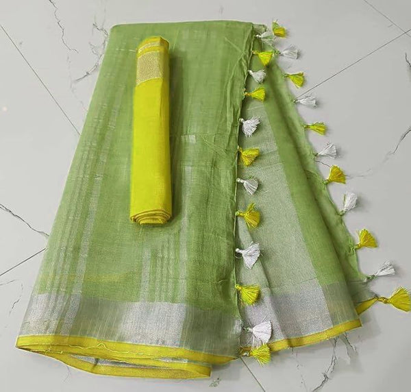 Handloom Bhagalpuri Linen Cotton Blend Contrast Border Saree for Women (12630 Green-Yellow)