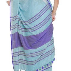 Photo Blue-Blue women's Bhagalpuri Handloom Cotton Linen Blend Contrast Pallu Saree And Unstitched Contrast Blouse Piece - View 4