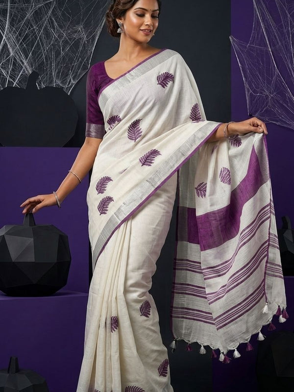 Handwoven Bhagalpuri Linen Blend Embroidered Saree With Contrast Blouse Piece(White_Purple)