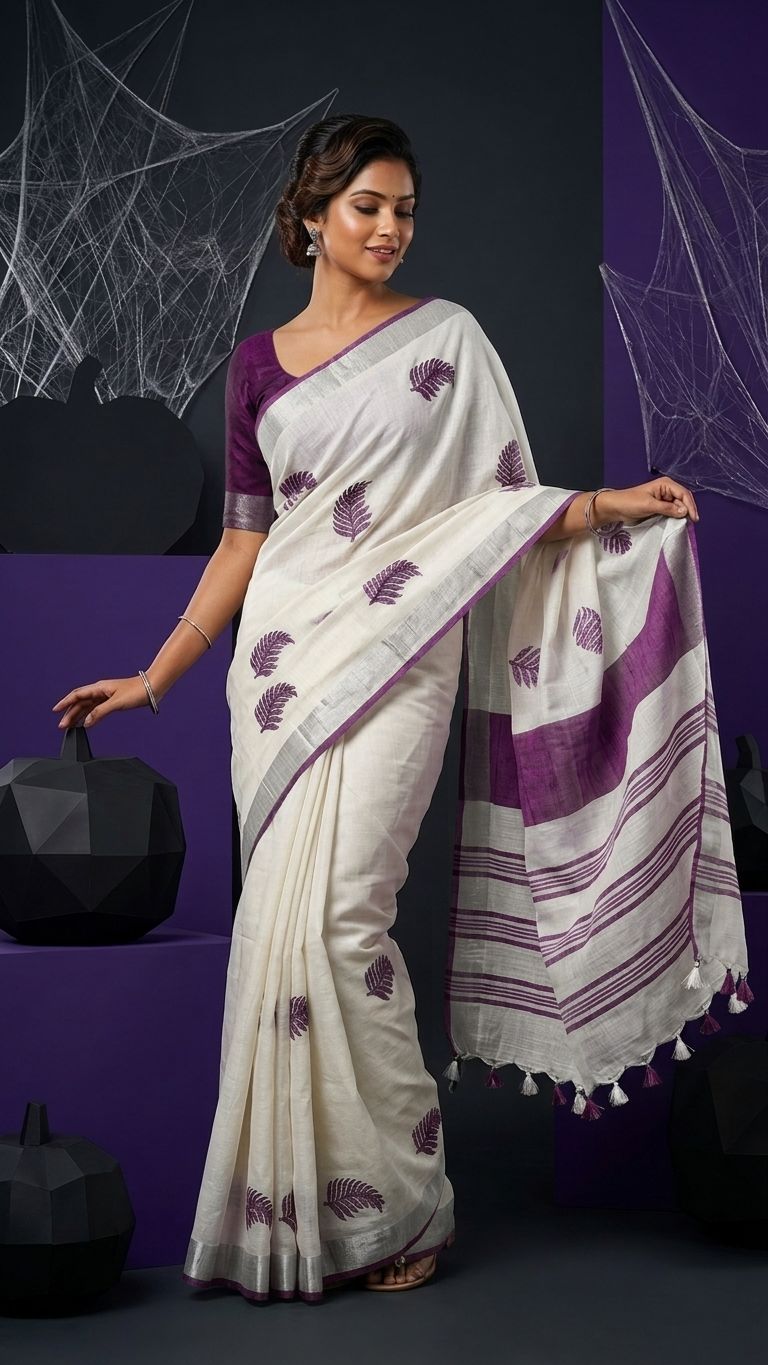 Handwoven Bhagalpuri Linen Blend Embroidered Saree With Contrast Blouse Piece(White_Purple)