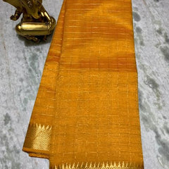 Cotton Silk Handloom Bhgalpuri Check Saree with Gold Zari Border with Blouse Piece for Women (100167 Yellow)