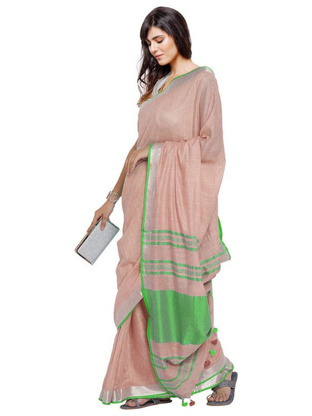 Tea Rose Pink-Green women's Bhagalpuri Handloom Cotton Linen Blend Contrast Pallu Saree And Unstitched Contrast Blouse Piece - View 2