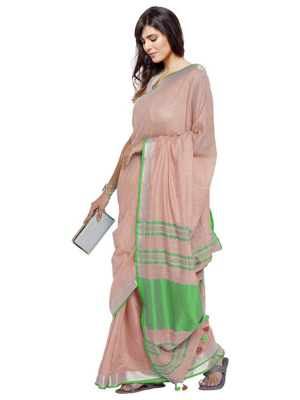 Tea Rose Pink-Green women's Bhagalpuri Handloom Cotton Linen Blend Contrast Pallu Saree And Unstitched Contrast Blouse Piece - View 2
