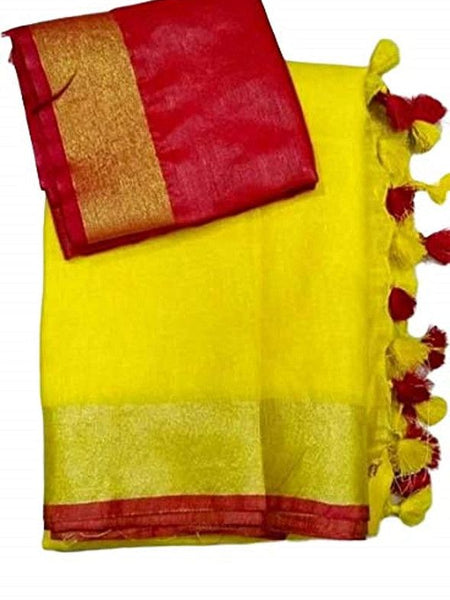 Yelllow-Red women's Handloom Bhagalpuri Cotton Linen Blend Saree Ethnic Wear With Contrast Unstitched Blouse Piece