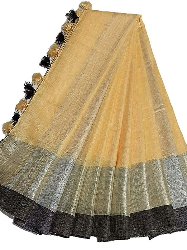 Creame Beige Bhagalpuri Handloom women's Linen Slub Blend Saree With Black Pipin Contrast Blouse Piece