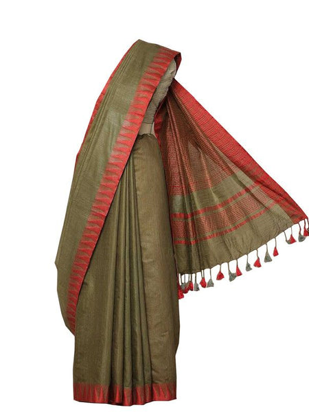 Bhagalpuri Handloom Kota Silk Temple Border Saree And Variation Of Colors With Striped Blouse Piece