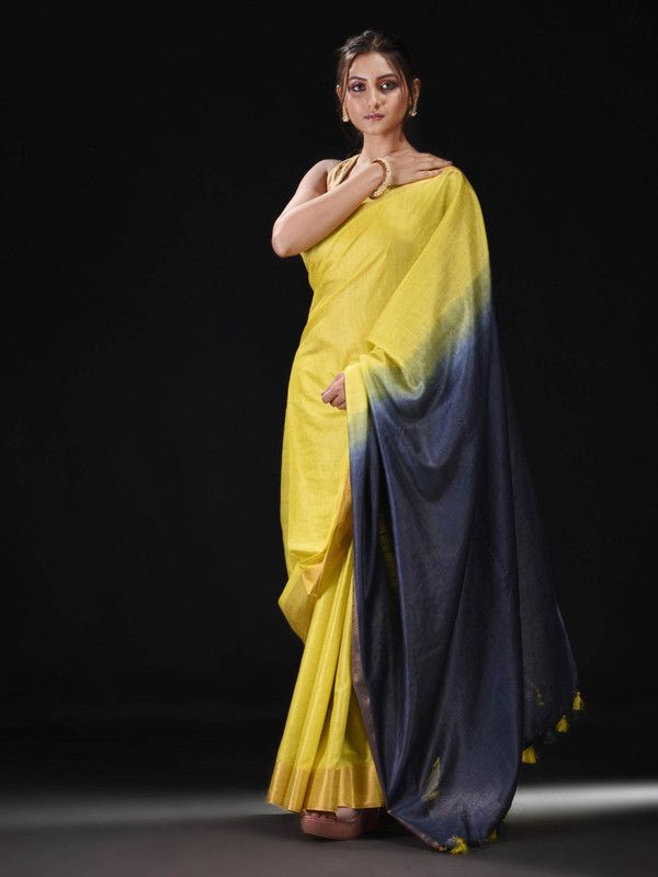 Tussar Munga Silk Handloom Zari Border Two Dye Bhagalpuri Saree (Egyptian_Blue & Canary _Yellow) - View 2