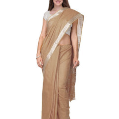 Camel Brown women's Handloom Bhagalpuri Cotton Linen Slub Blend Zari Border Saree Ethnic Wear With Running Unstitched Blouse Piece