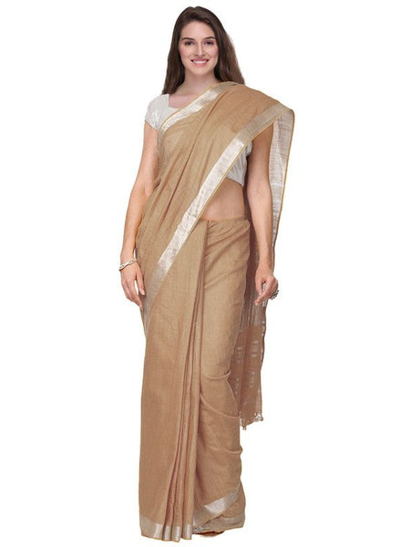 Camel Brown women's Handloom Bhagalpuri Cotton Linen Slub Blend Zari Border Saree Ethnic Wear With Running Unstitched Blouse Piece