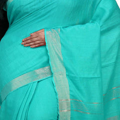 Turquoise Bhagalpuri women's Handloom Linen Cotton Ethnic Wear Saree With Running Unstitched Blouse Piece - View 2