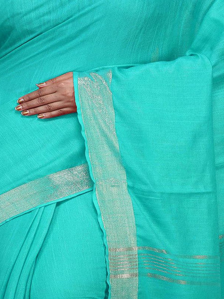 Turquoise Bhagalpuri women's Handloom Linen Cotton Ethnic Wear Saree With Running Unstitched Blouse Piece - View 2